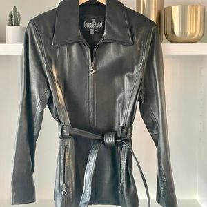 Women’s Black Leather Belted Jacket